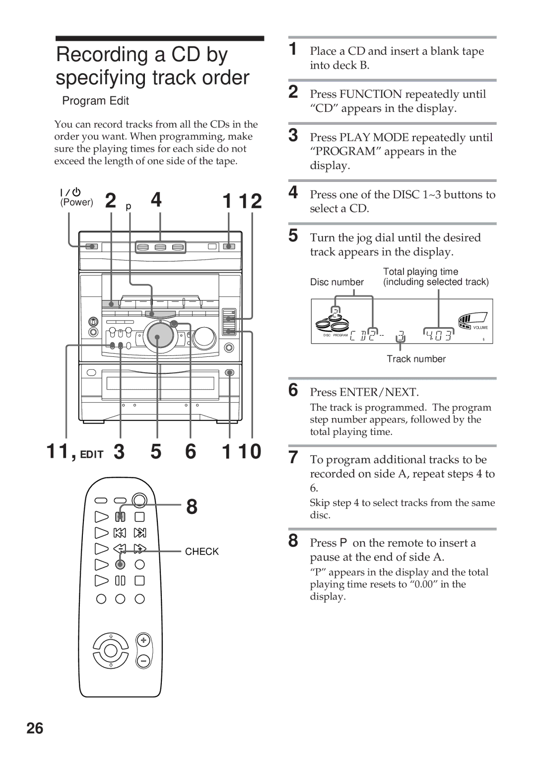 Sony MHC-RX900 manual Recording a CD by specifying track order, 11, Edit 3 5 6 1, Program Edit 