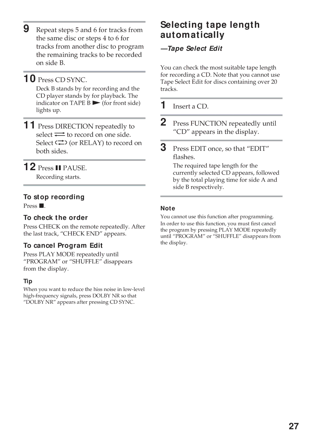 Sony MHC-RX900 manual Selecting tape length automatically, To check the order, To cancel Program Edit, Tape Select Edit 