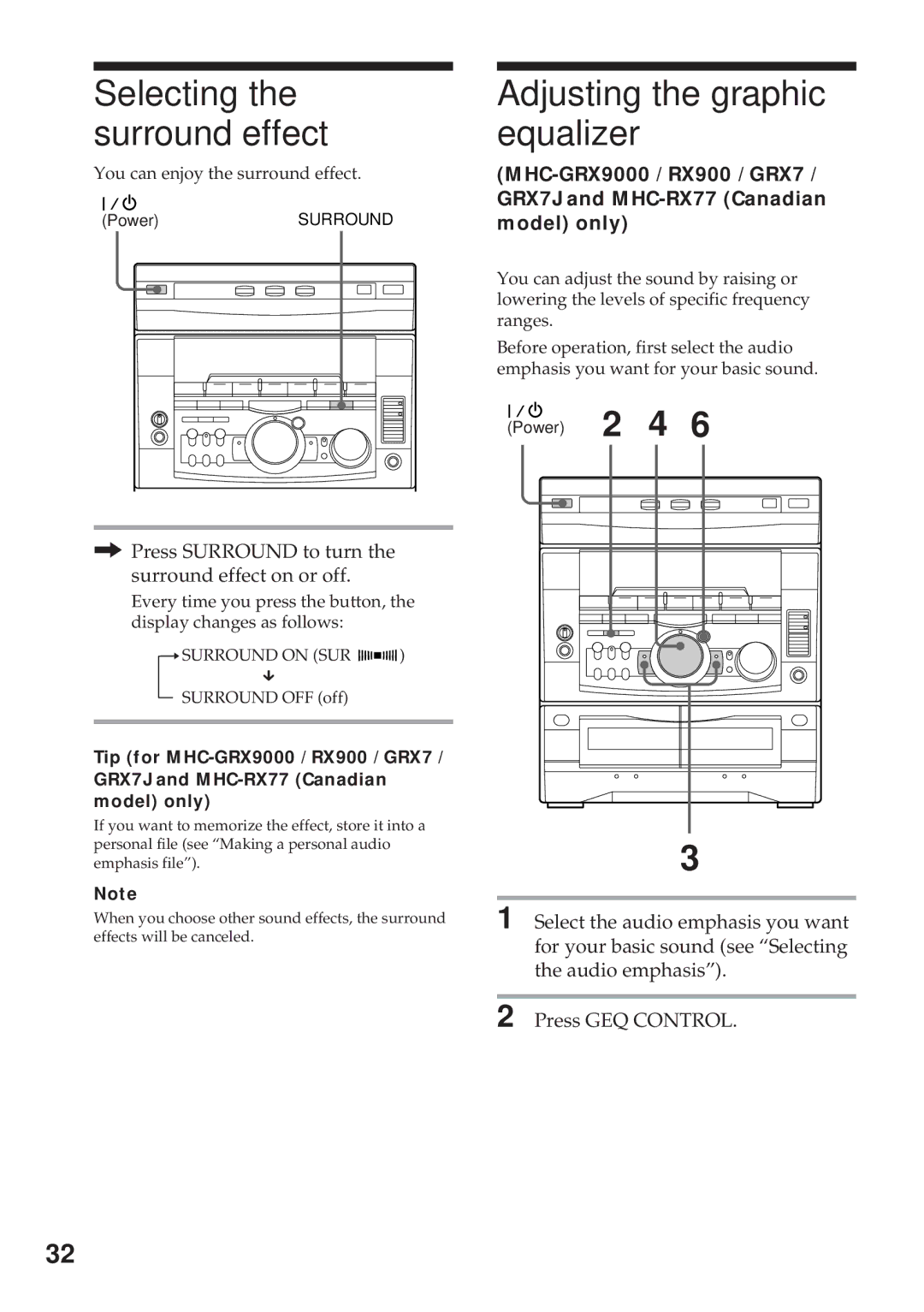 Sony MHC-RX900 manual Selecting the surround effect, Adjusting the graphic equalizer 