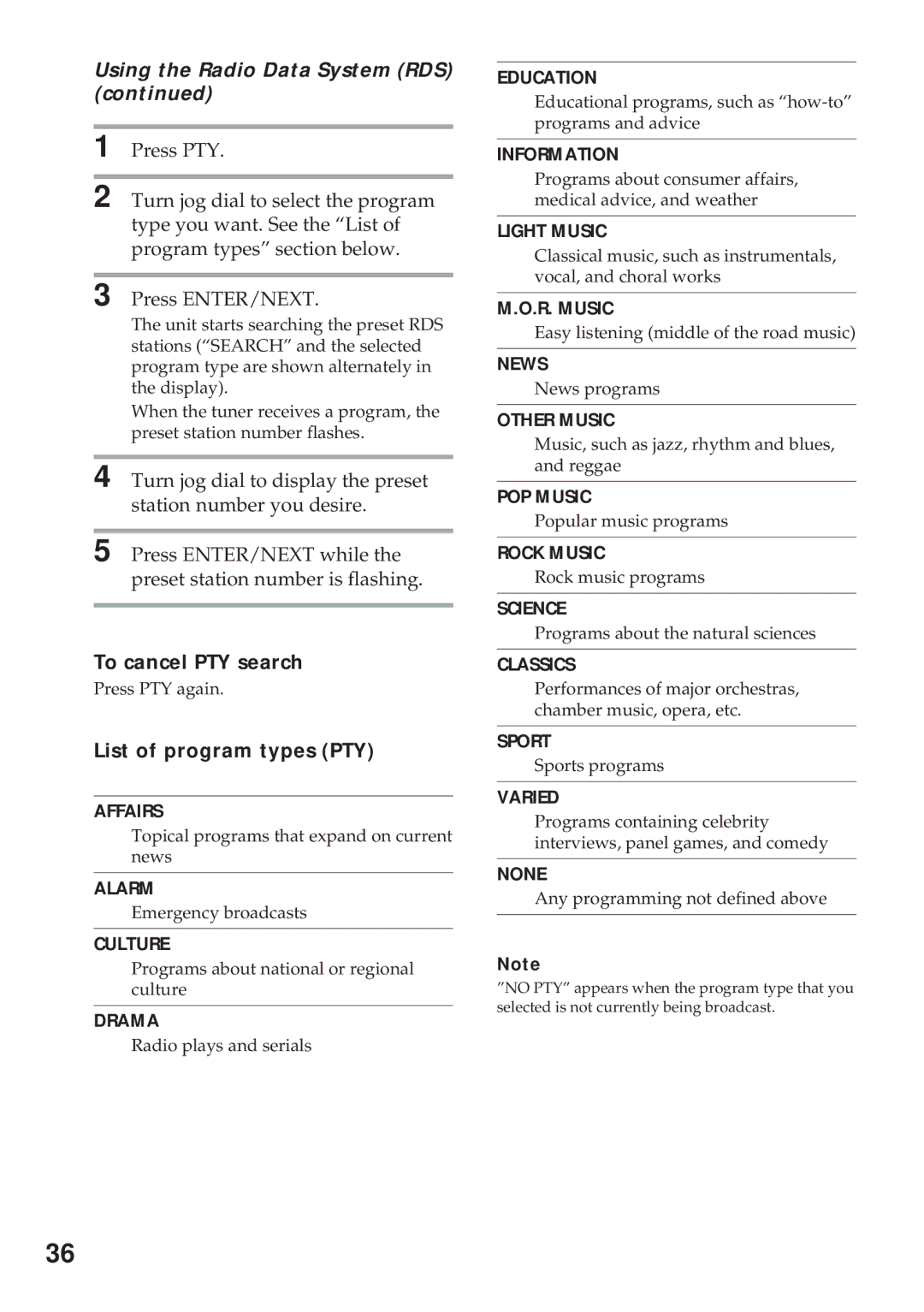 Sony MHC-RX900 manual Using the Radio Data System RDS, To cancel PTY search, List of program types PTY 