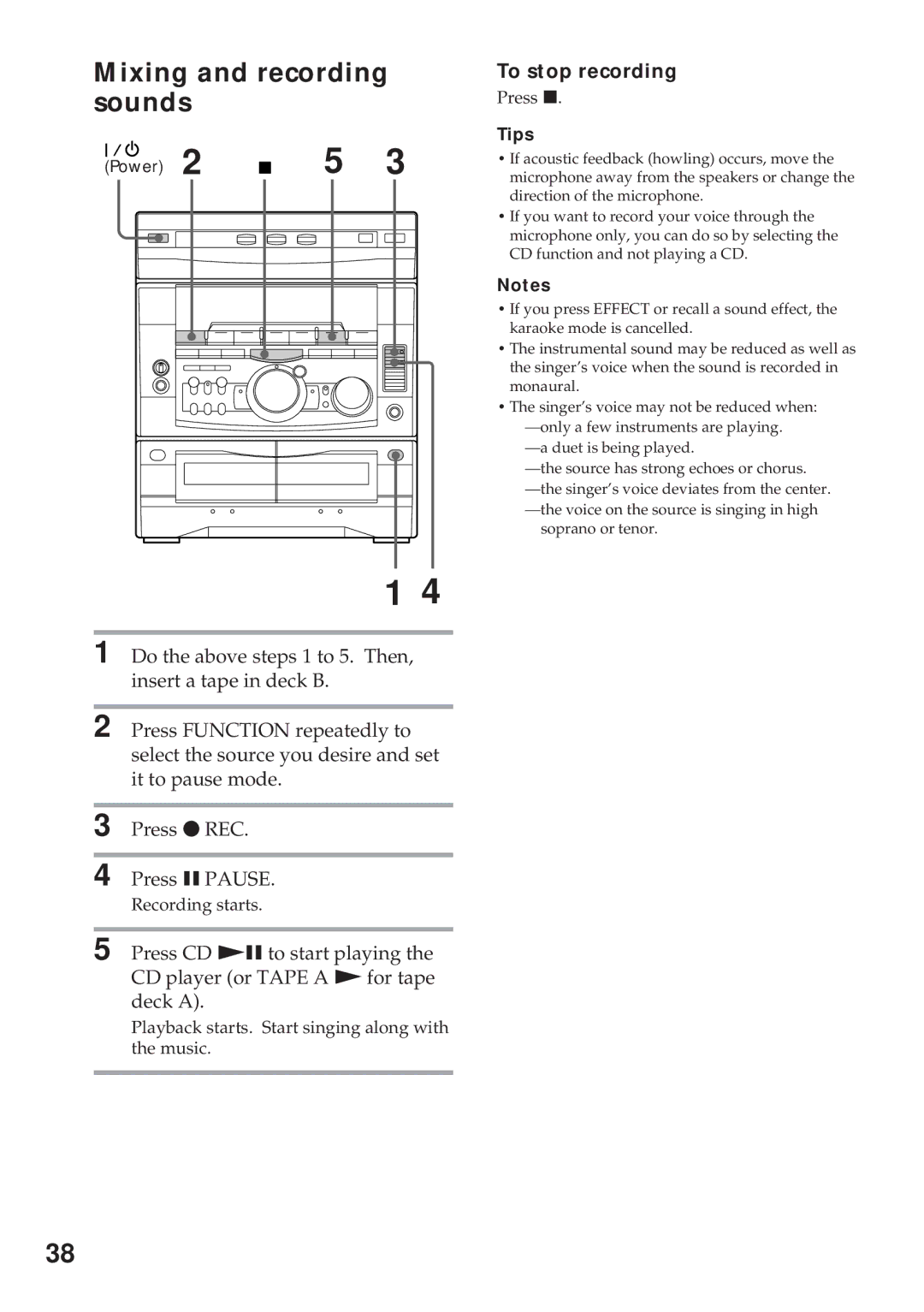 Sony MHC-RX900 manual Mixing and recording sounds, To stop recording 