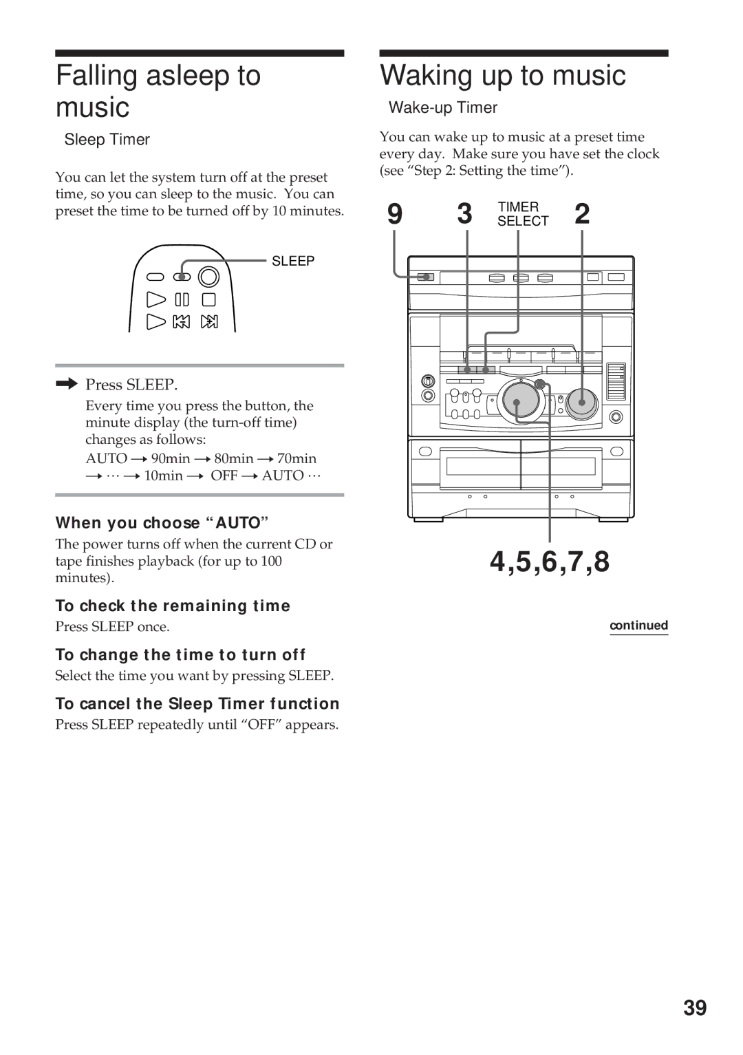 Sony MHC-RX900 manual Falling asleep to music, Waking up to music, 6,7,8, Sleep Timer, Wake-up Timer 