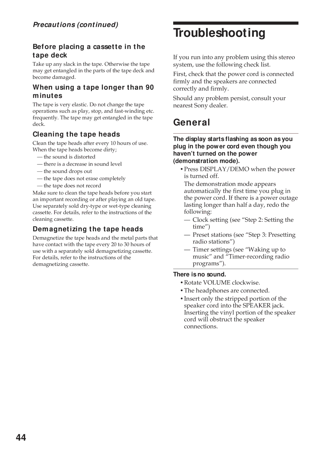 Sony MHC-RX900 manual Troubleshooting, General, Precautions 