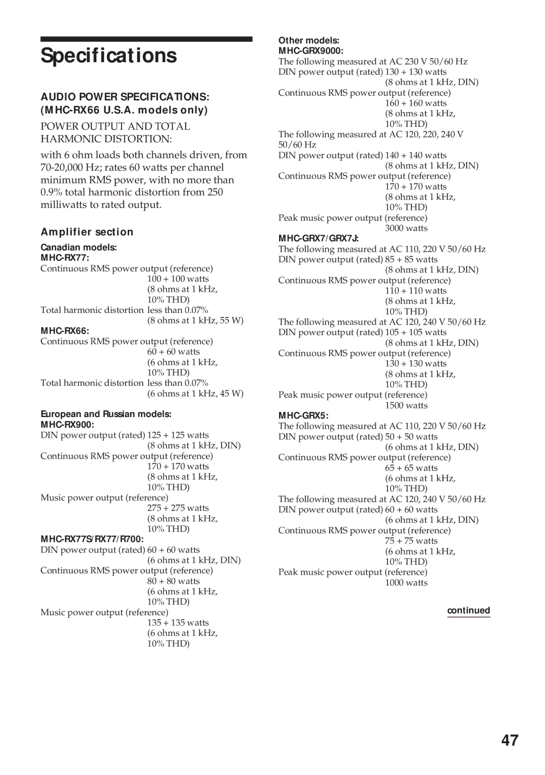 Sony MHC-RX900 manual Audio Power Specifications MHC-RX66 U.S.A. models only, Amplifier section 