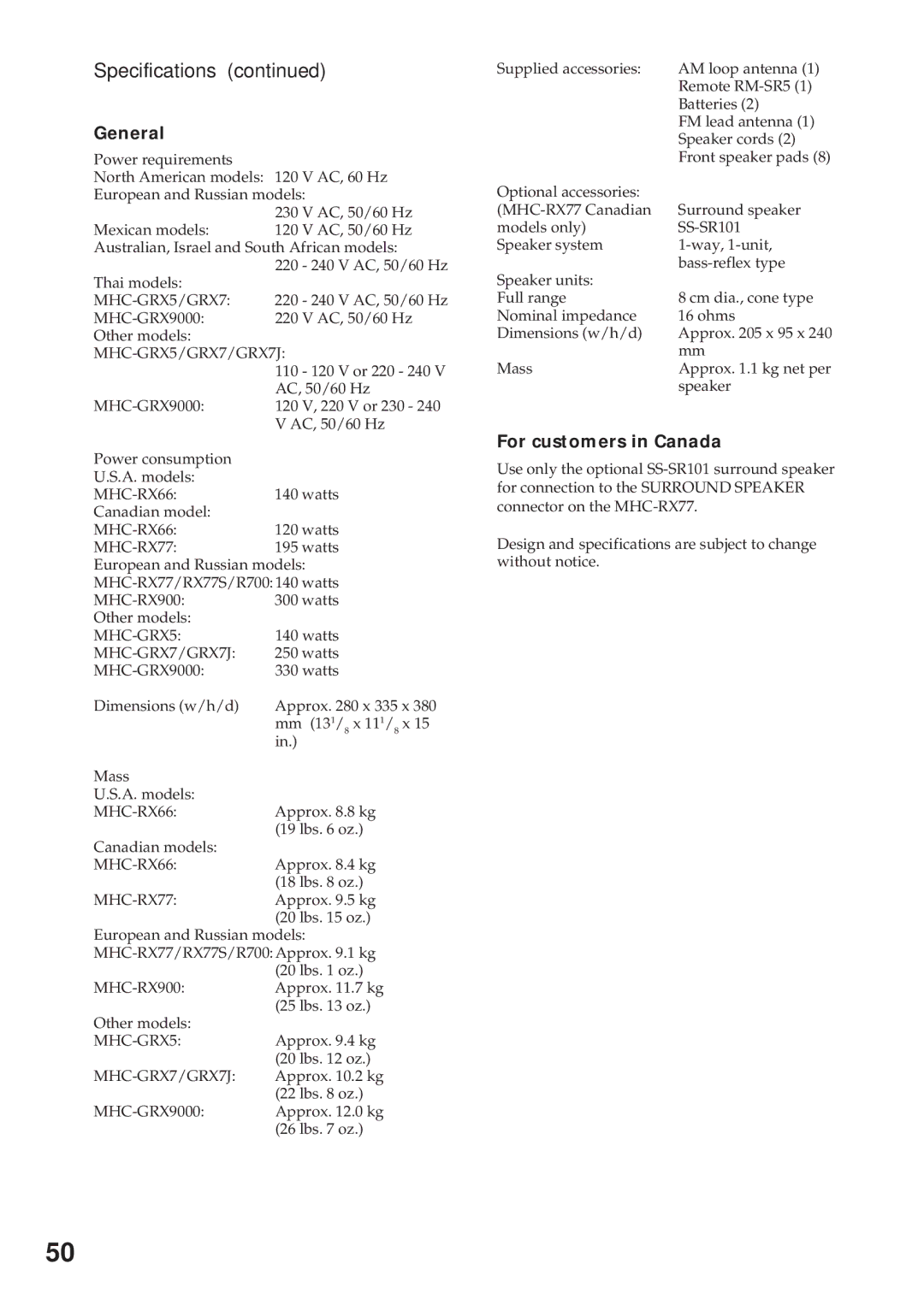 Sony MHC-RX900 manual General, For customers in Canada 