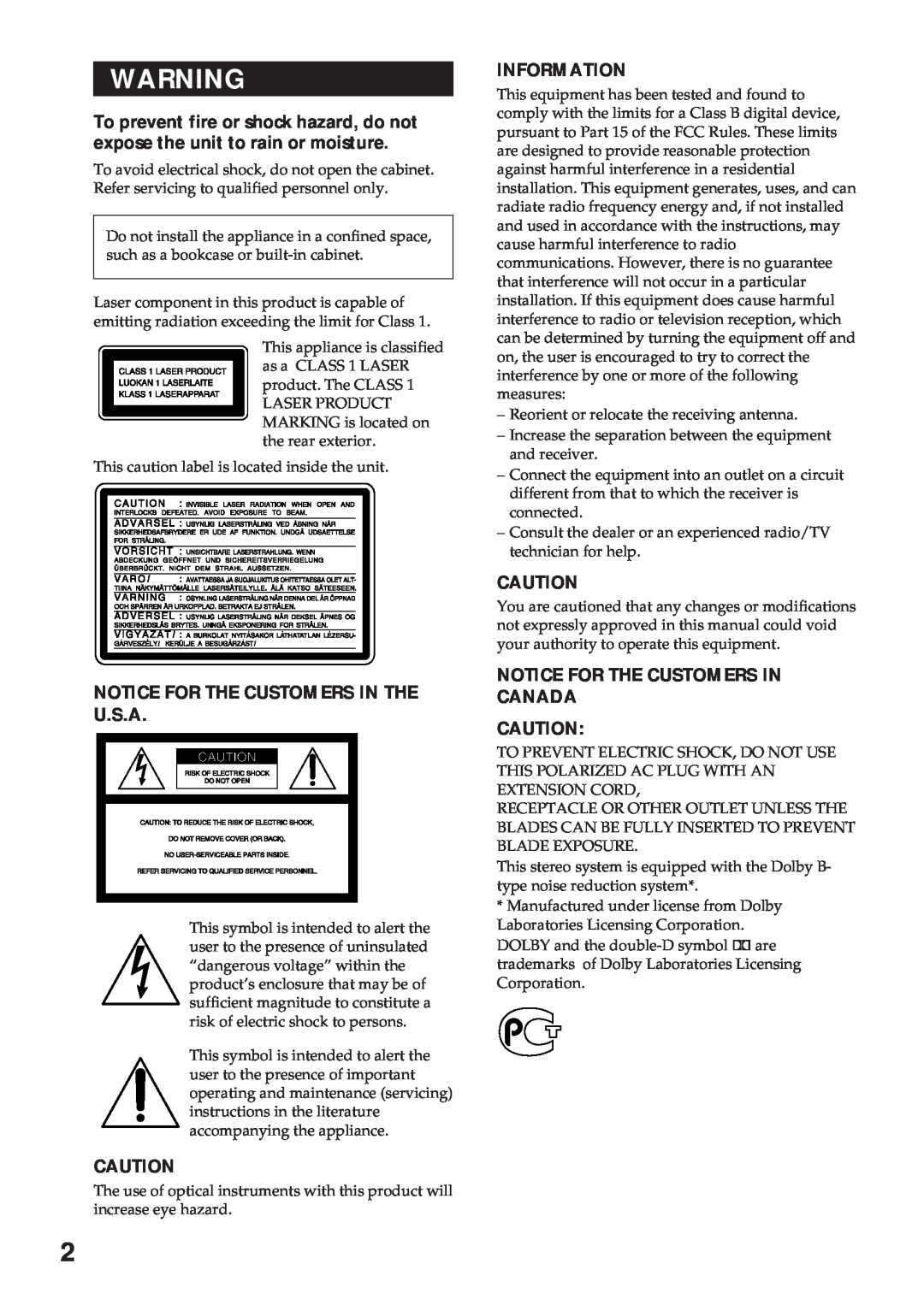 Sony MHC-RX900 manual Notice For The Customers In The U.S.A, Information, Notice For The Customers In Canada 