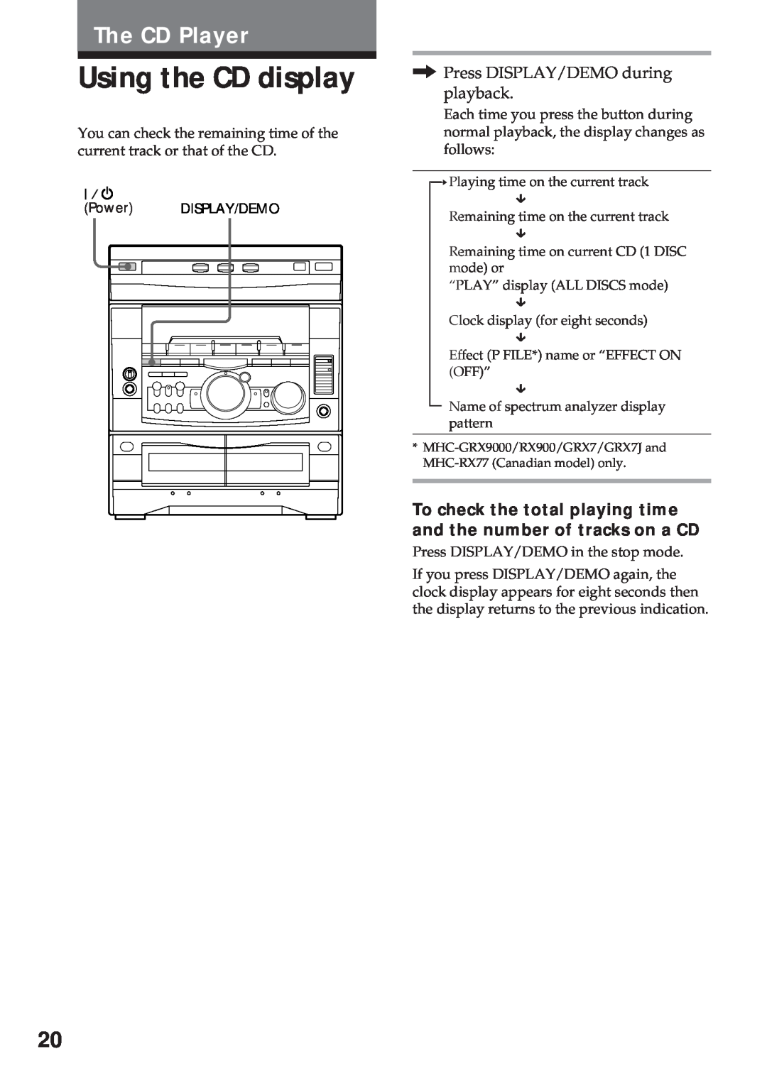 Sony MHC-RX900 manual Using the CD display, The CD Player, Press DISPLAY/DEMO during playback 