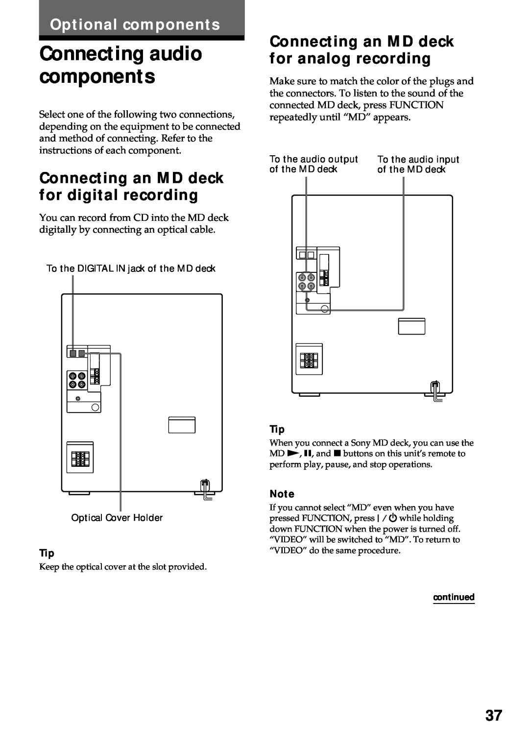 Sony MHC-R550, MHC-RXD5 Connecting audio components, Optional components, Connecting an MD deck for digital recording 