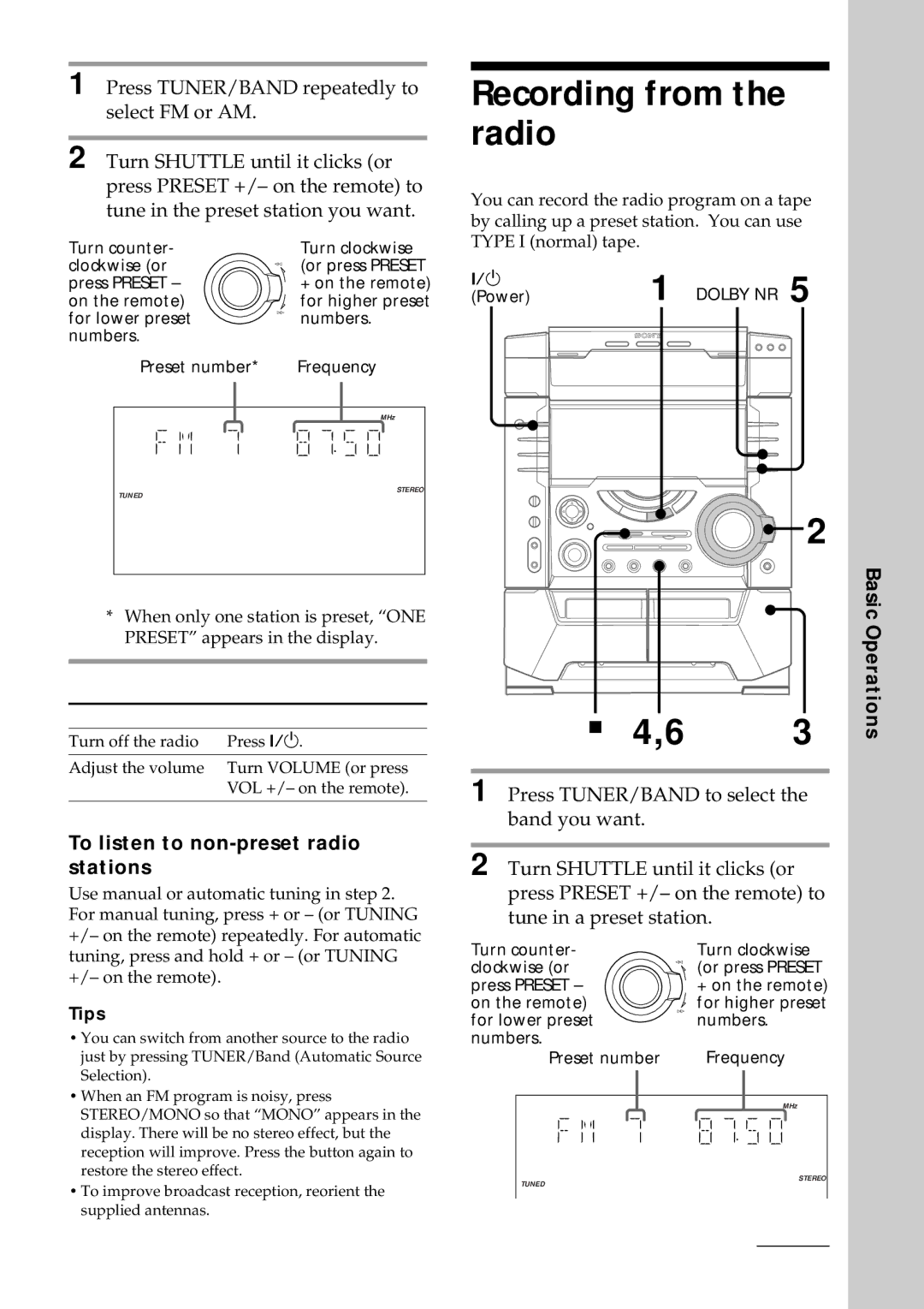 Sony MHC-VX77, MHC-VX55, MHC-VX99 operating instructions Recording from the radio, To listen to non-preset radio stations 