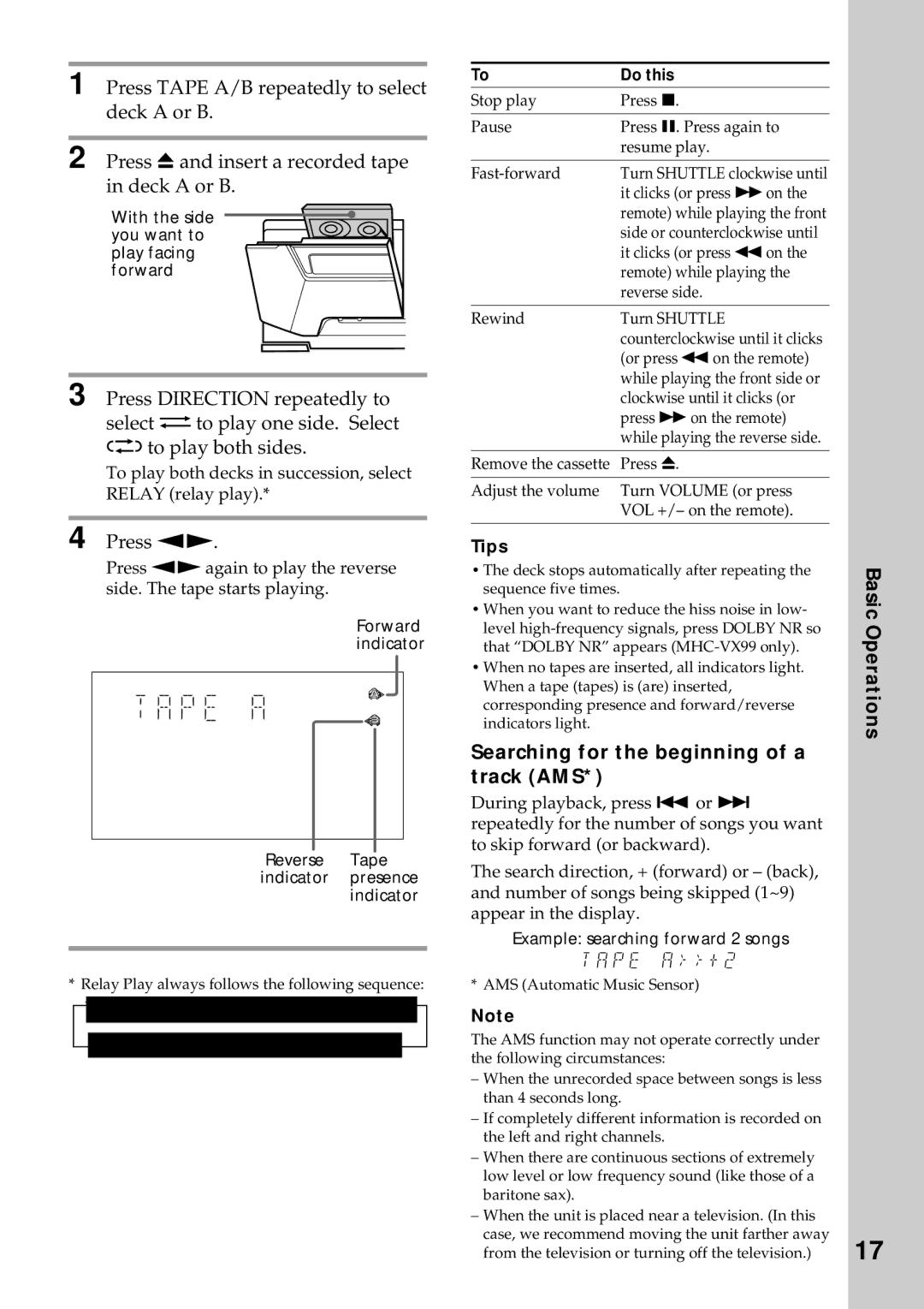 Sony MHC-VX99, MHC-VX77, MHC-VX55 operating instructions Press nN, Searching for the beginning of a track AMS 