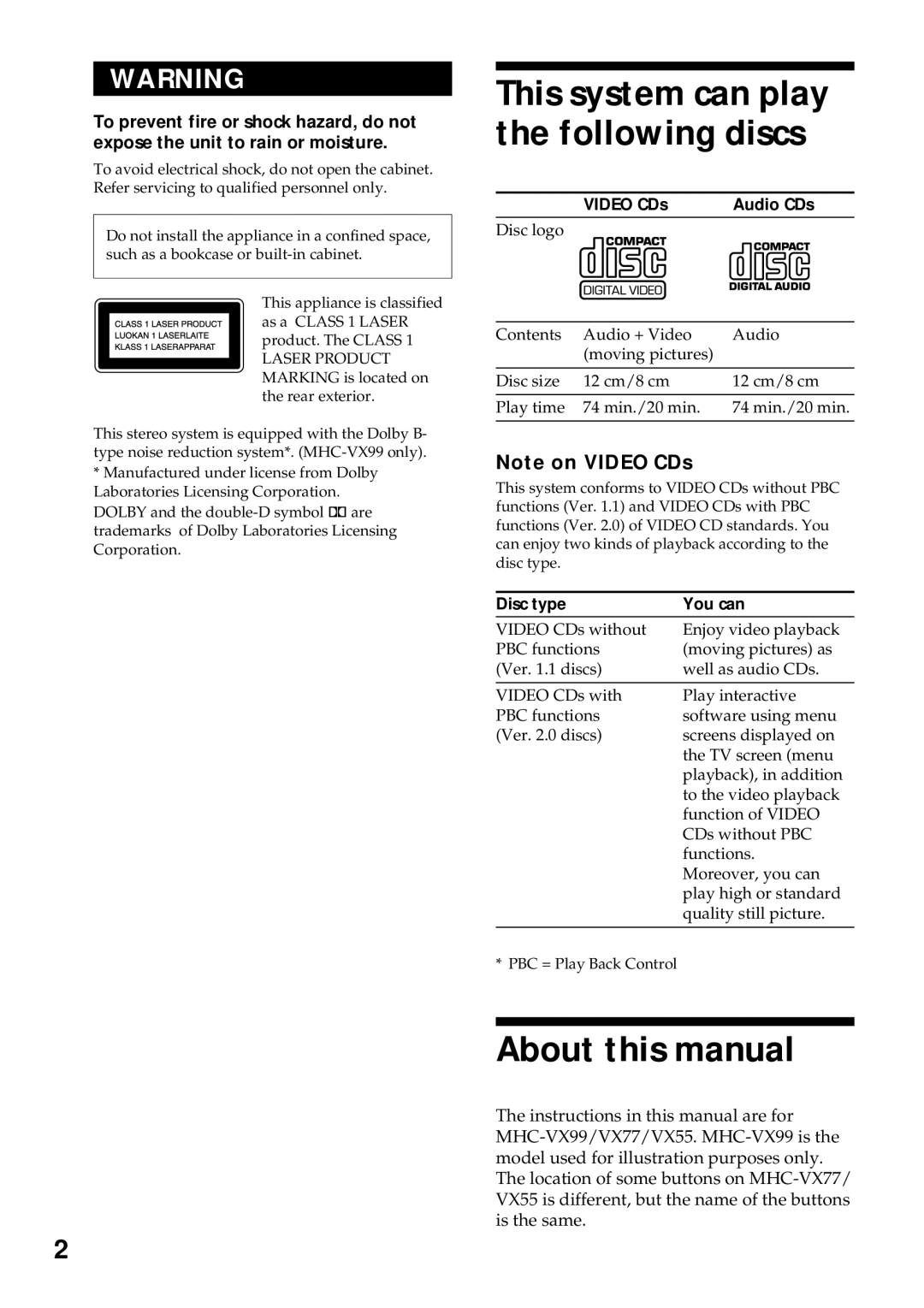 Sony MHC-VX99, MHC-VX77, MHC-VX55 operating instructions About this manual, This system can play the following discs 