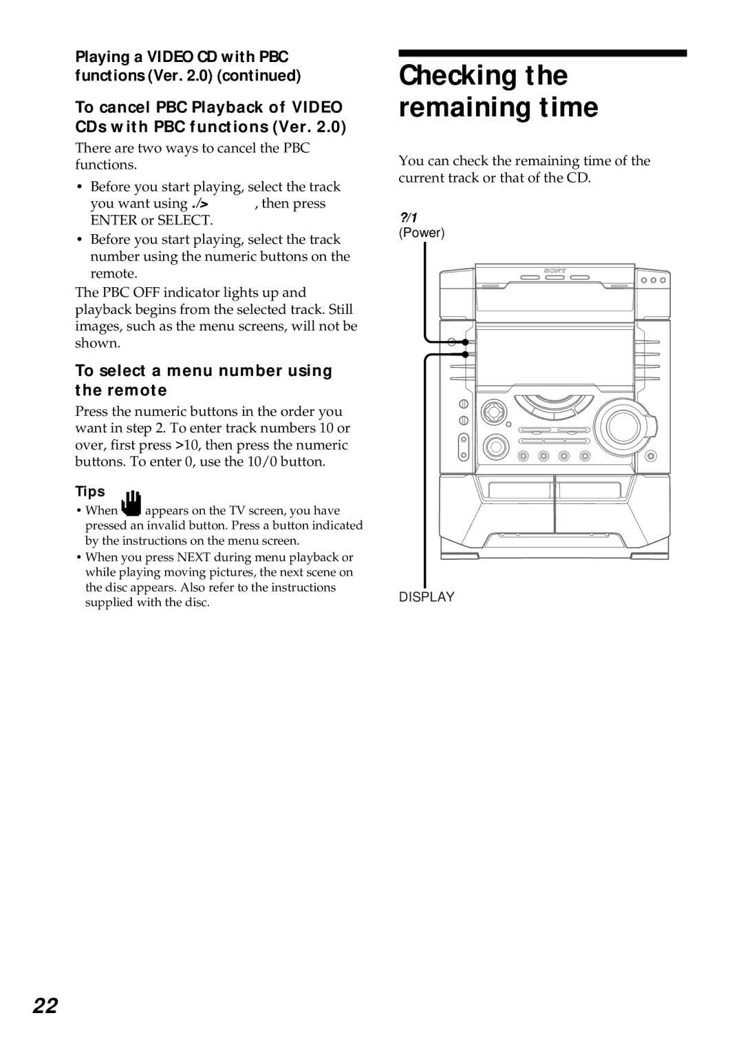 Sony MHC-VX55, MHC-VX77, MHC-VX99 Checking the remaining time, Playing a Video CD with PBC functions Ver 