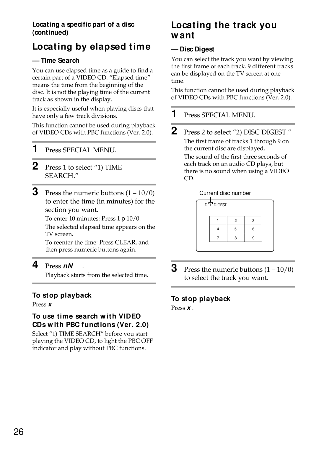 Sony MHC-VX99 Locating by elapsed time, Locating the track you want, Locating a specific part of a disc, Time Search 