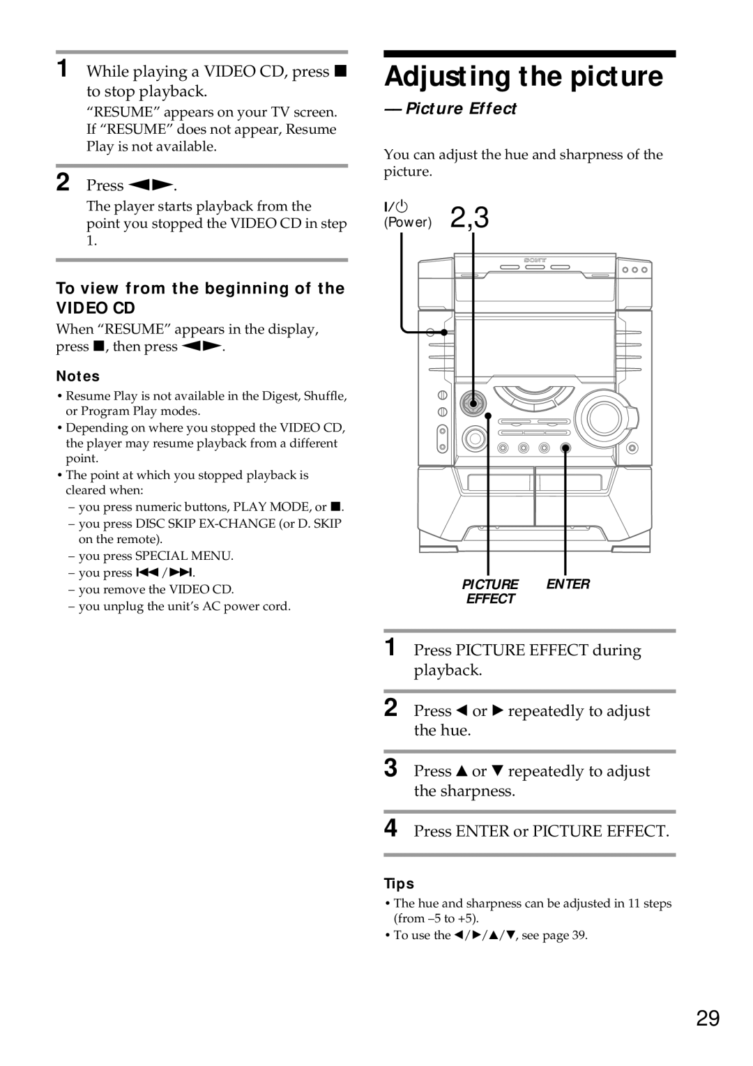 Sony MHC-VX99 Adjusting the picture, While playing a Video CD, press x to stop playback, To view from the beginning 