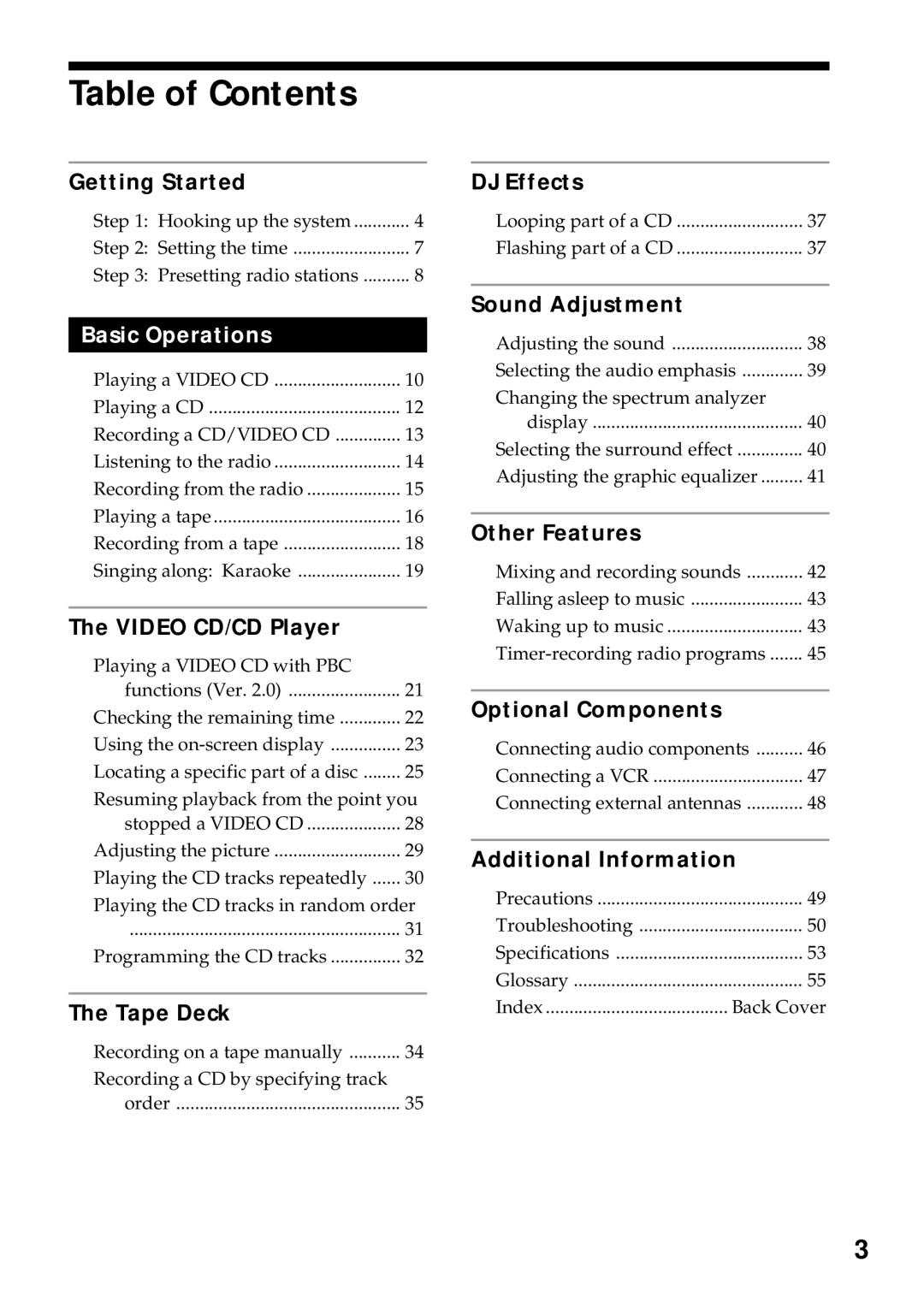 Sony MHC-VX77, MHC-VX55, MHC-VX99 operating instructions Table of Contents 