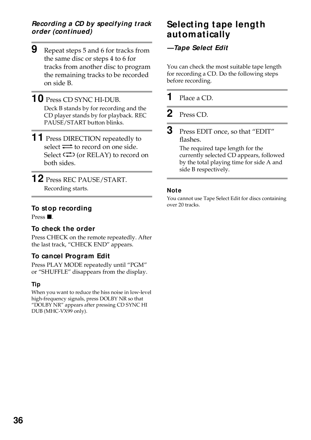 Sony MHC-VX77, MHC-VX55 Selecting tape length automatically, Recording a CD by specifying track order, To check the order 