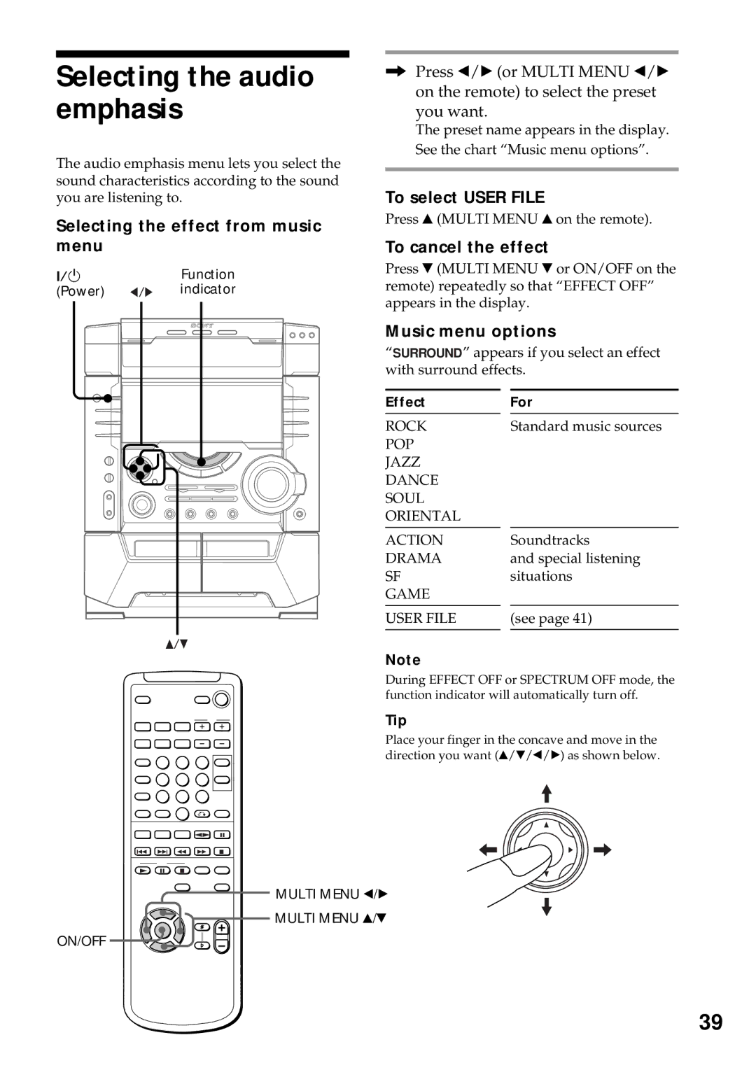 Sony MHC-VX77 Selecting the audio emphasis, Selecting the effect from music menu, To select User File, Music menu options 