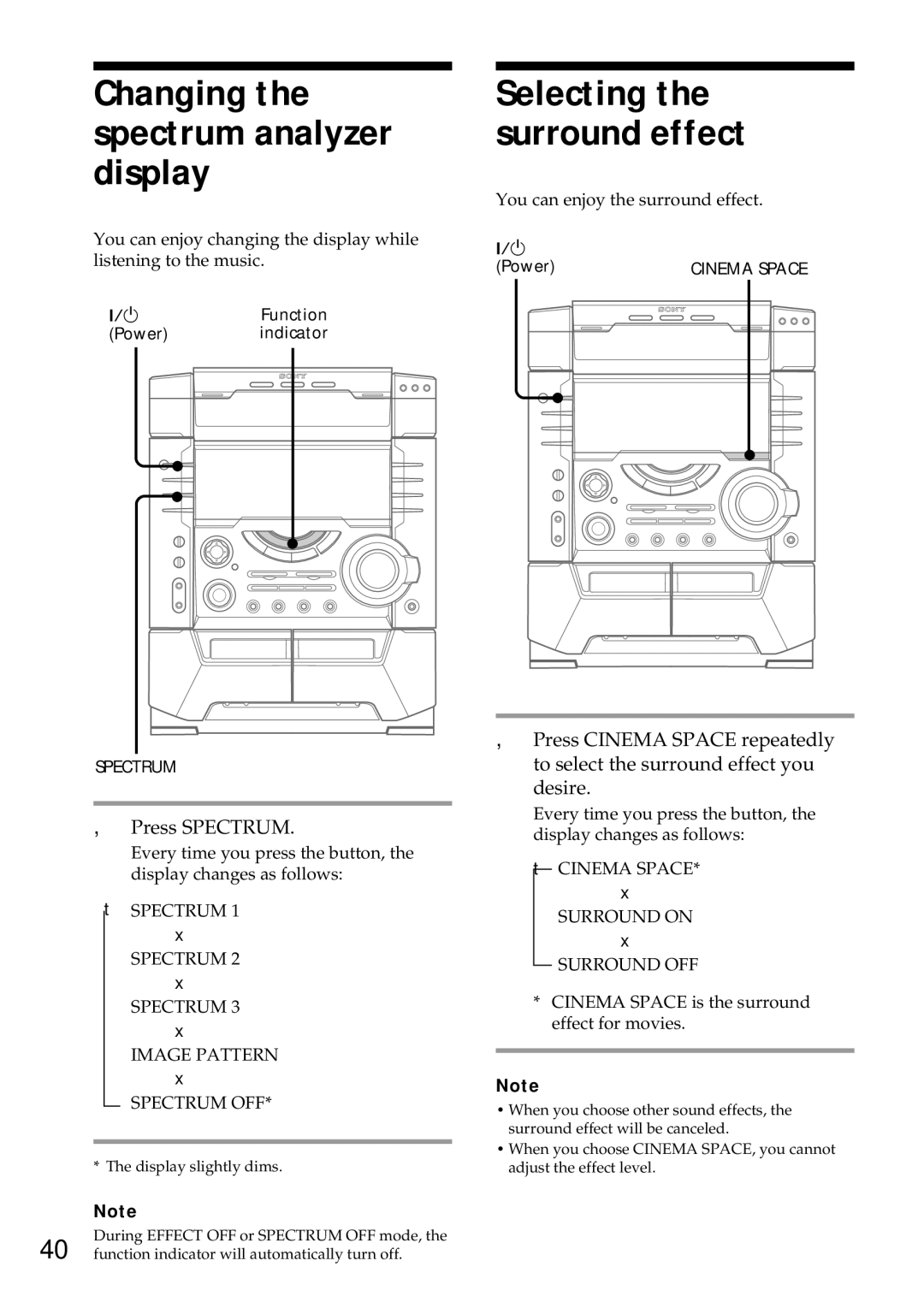 Sony MHC-VX55, MHC-VX77, MHC-VX99 Changing the spectrum analyzer display, Selecting the surround effect, Press Spectrum 