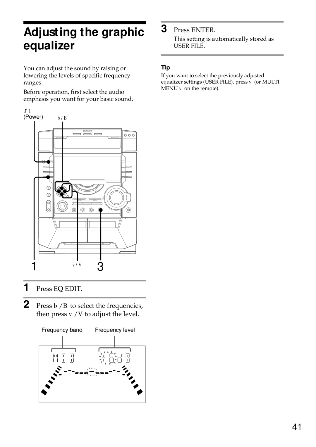 Sony MHC-VX99, MHC-VX77, MHC-VX55 operating instructions Adjusting the graphic equalizer, Press Enter 