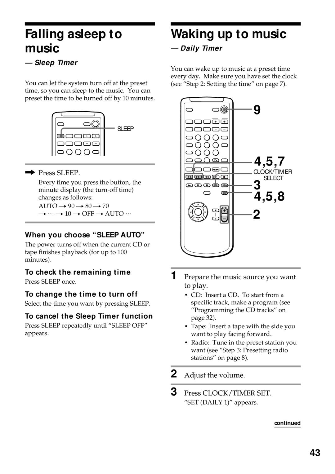 Sony MHC-VX55, MHC-VX77, MHC-VX99 Falling asleep to music, Waking up to music, Sleep Timer, Daily Timer 