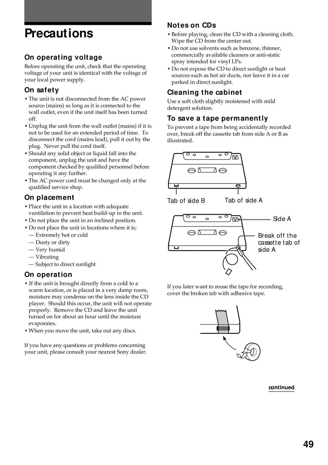 Sony MHC-VX55, MHC-VX77, MHC-VX99 operating instructions Precautions 