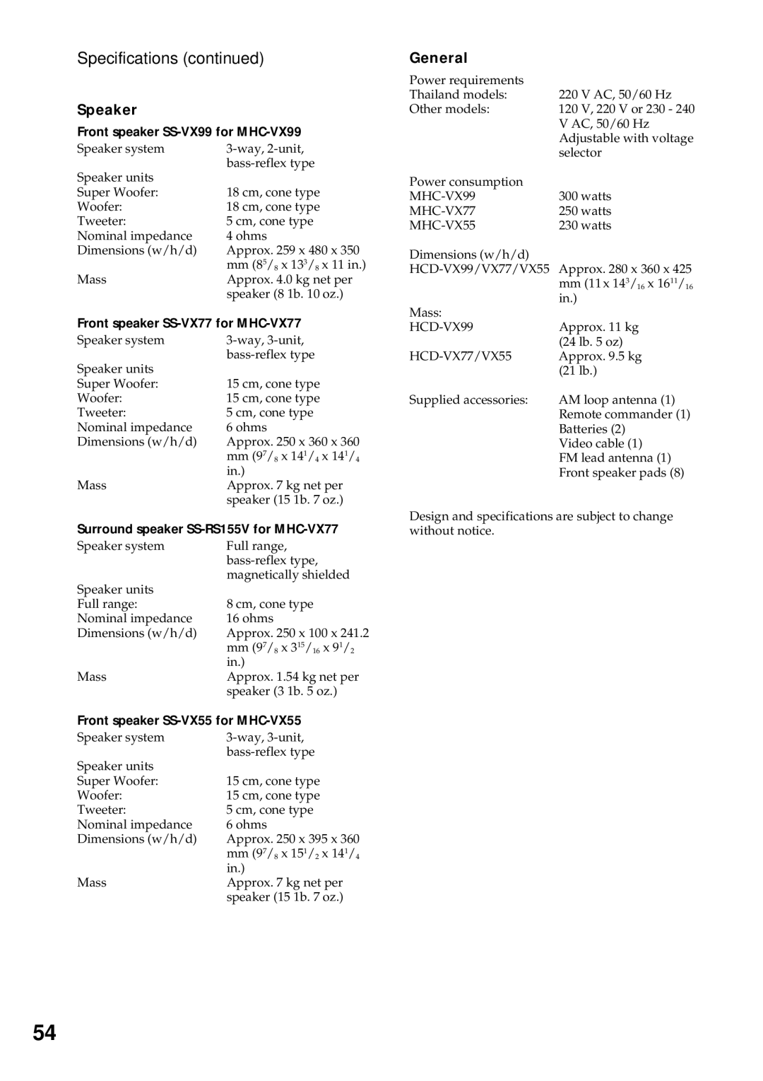 Sony MHC-VX77, MHC-VX55, MHC-VX99 operating instructions Specifications, Speaker, General 