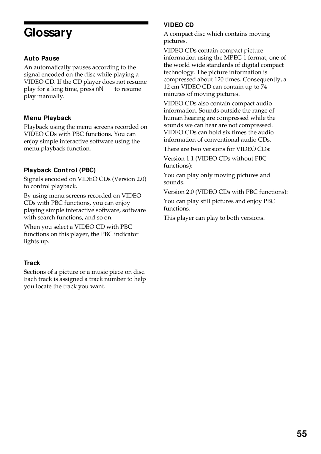 Sony MHC-VX55, MHC-VX77, MHC-VX99 operating instructions Glossary, Auto Pause, Menu Playback, Playback Control PBC, Track 