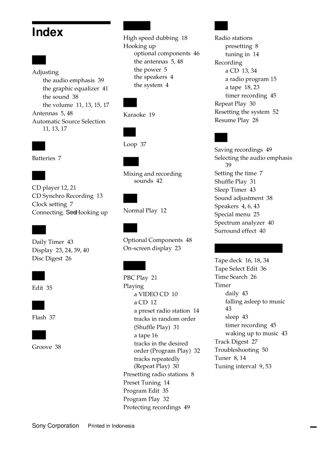 Sony MHC-VX99, MHC-VX77, MHC-VX55 operating instructions Index, V, W, X, Y, Z 