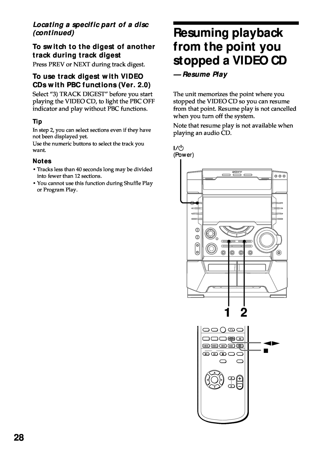 Sony MHC-VX55, MHC-VX77, MHC-VX99 operating instructions Resume Play, Locating a specific part of a disc continued 