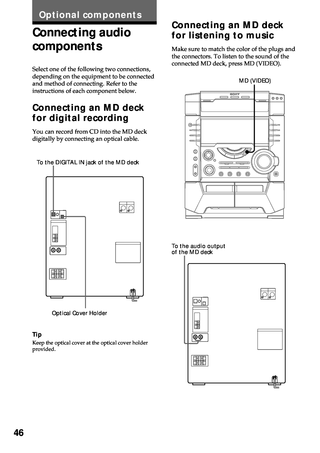 Sony MHC-VX55, MHC-VX77 Connecting audio components, Optional components, Connecting an MD deck for digital recording 