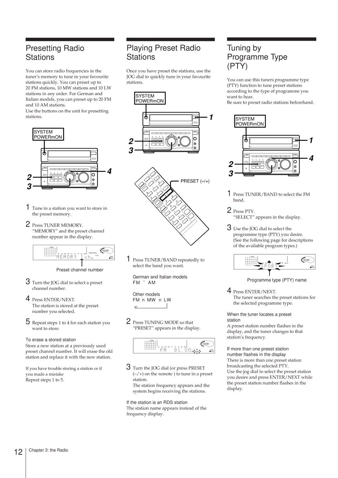 Sony MHC-W55 manual Presetting Radio Stations, Playing Preset Radio Stations, Tuning by Programme Type PTY 