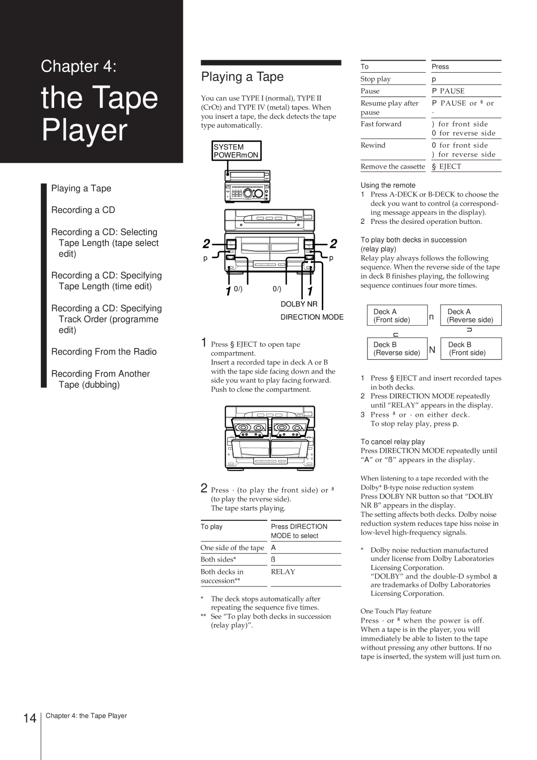 Sony MHC-W55 manual Playing a Tape, Dolby NR Direction Mode, Using the remote, To play both decks in succession relay play 