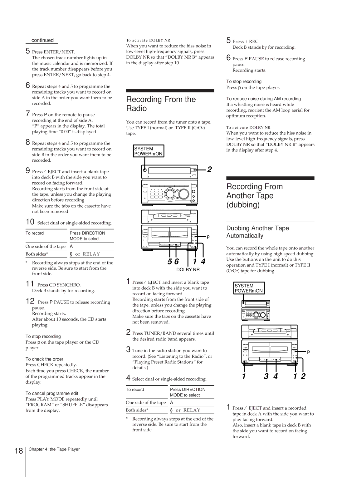 Sony MHC-W55 manual Recording From the Radio, Recording From Another Tape dubbing, Dubbing Another Tape Automatically 