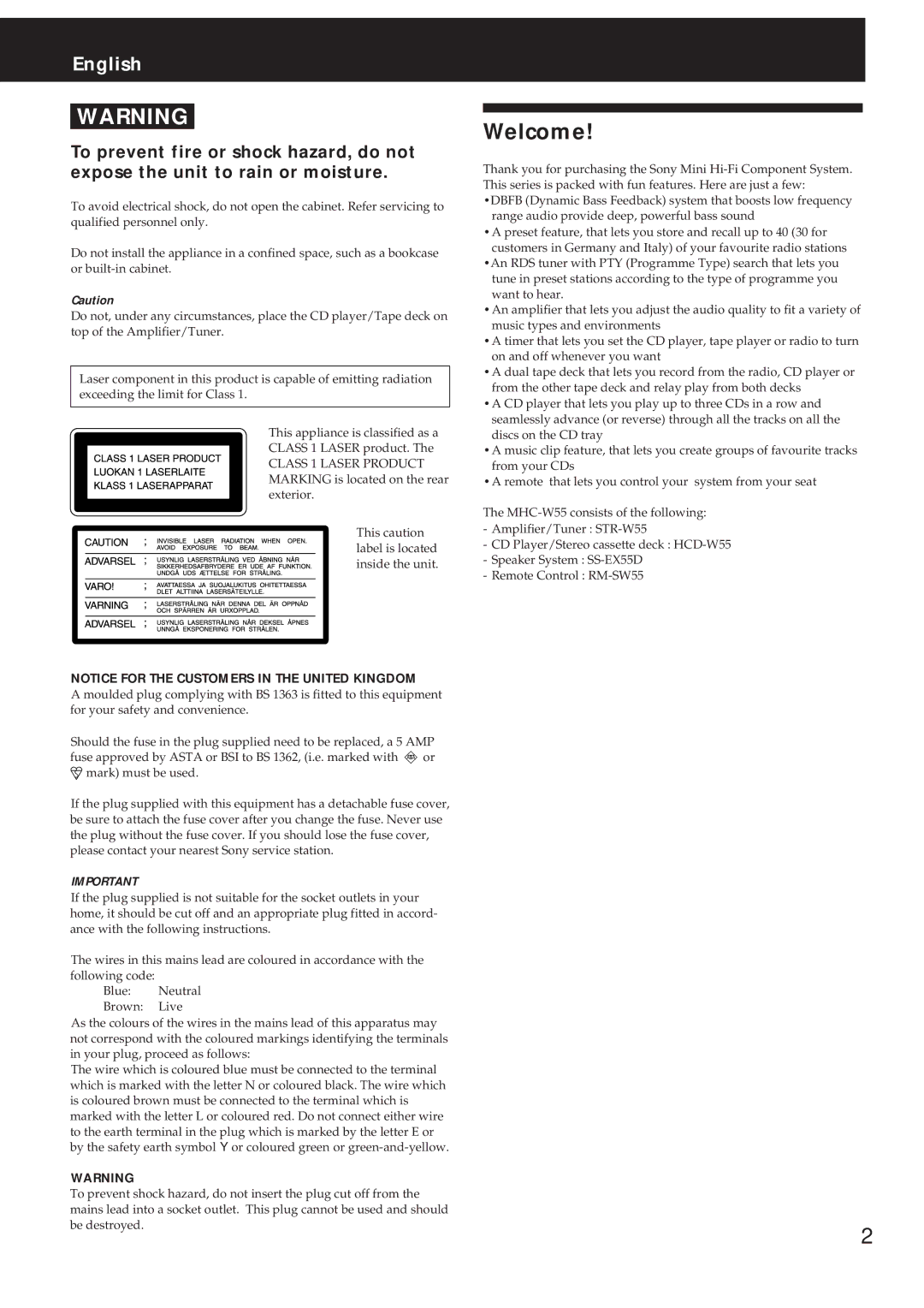 Sony MHC-W55 manual Welcome, English 