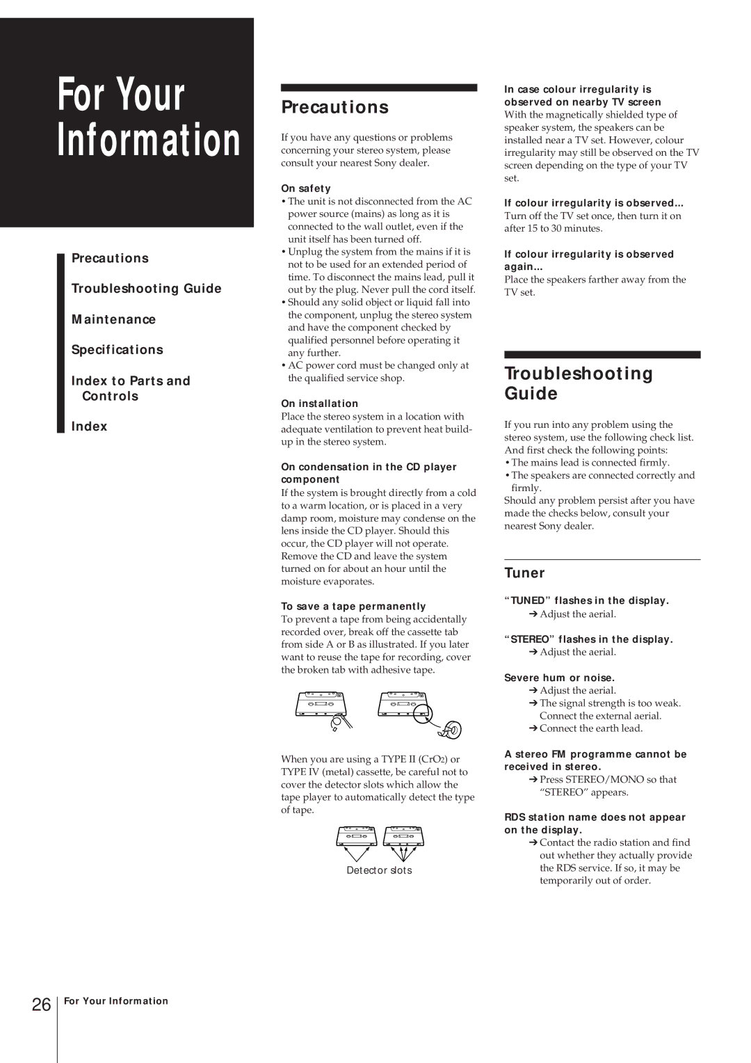 Sony MHC-W55 manual Precautions, Troubleshooting Guide, Tuner 