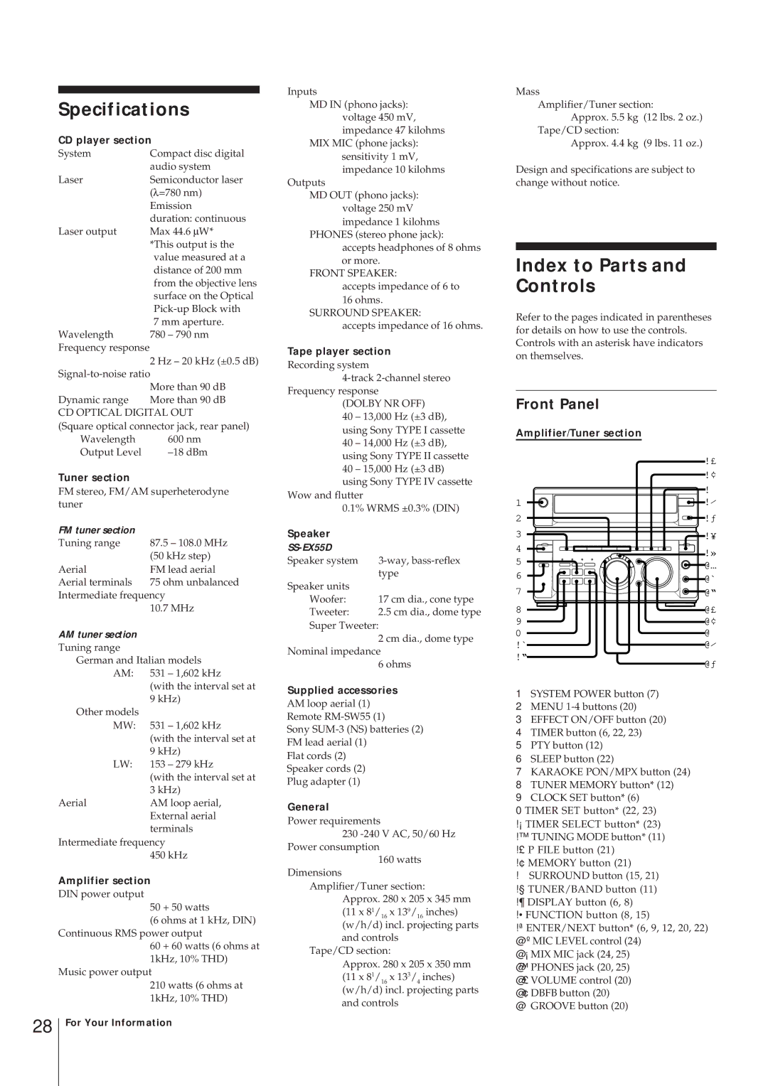 Sony MHC-W55 manual Specifications, Index to Parts and Controls, Front Panel 