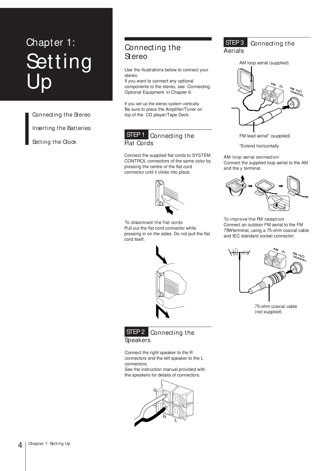 Sony MHC-W55 manual Connecting Stereo, Connecting Aerials, Connecting Flat Cords, Connecting Speakers 