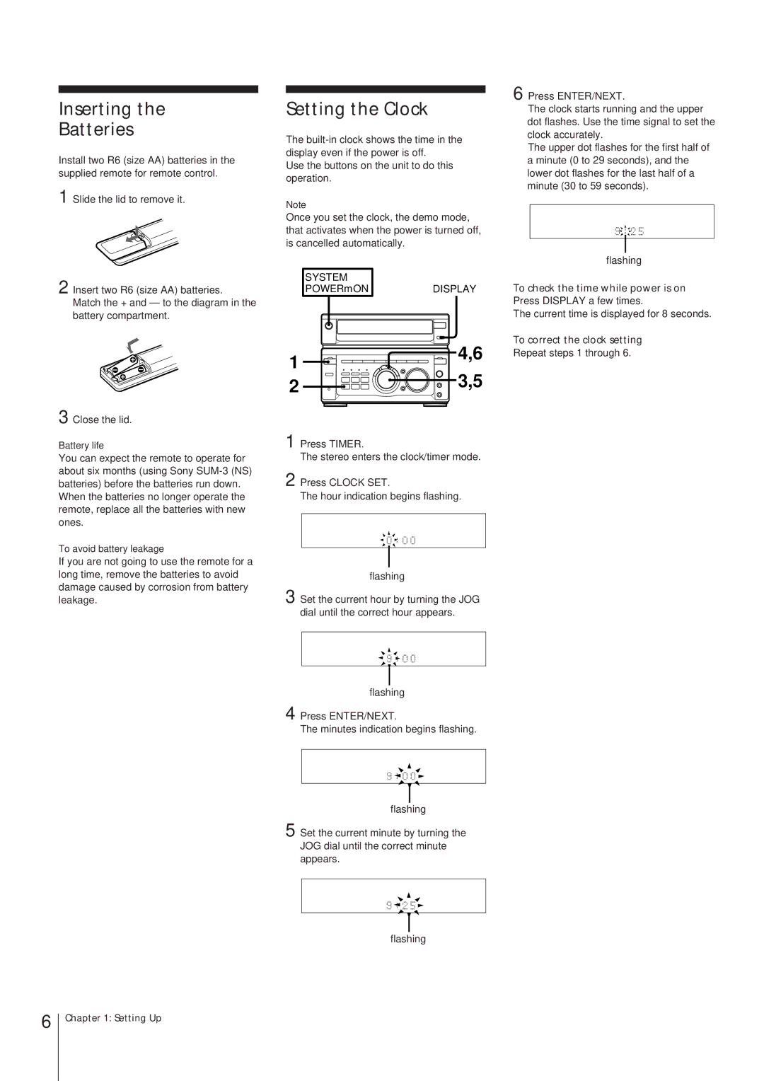 Sony MHC-W55 manual Inserting Batteries, Setting the Clock, System, To check the time while power is on 