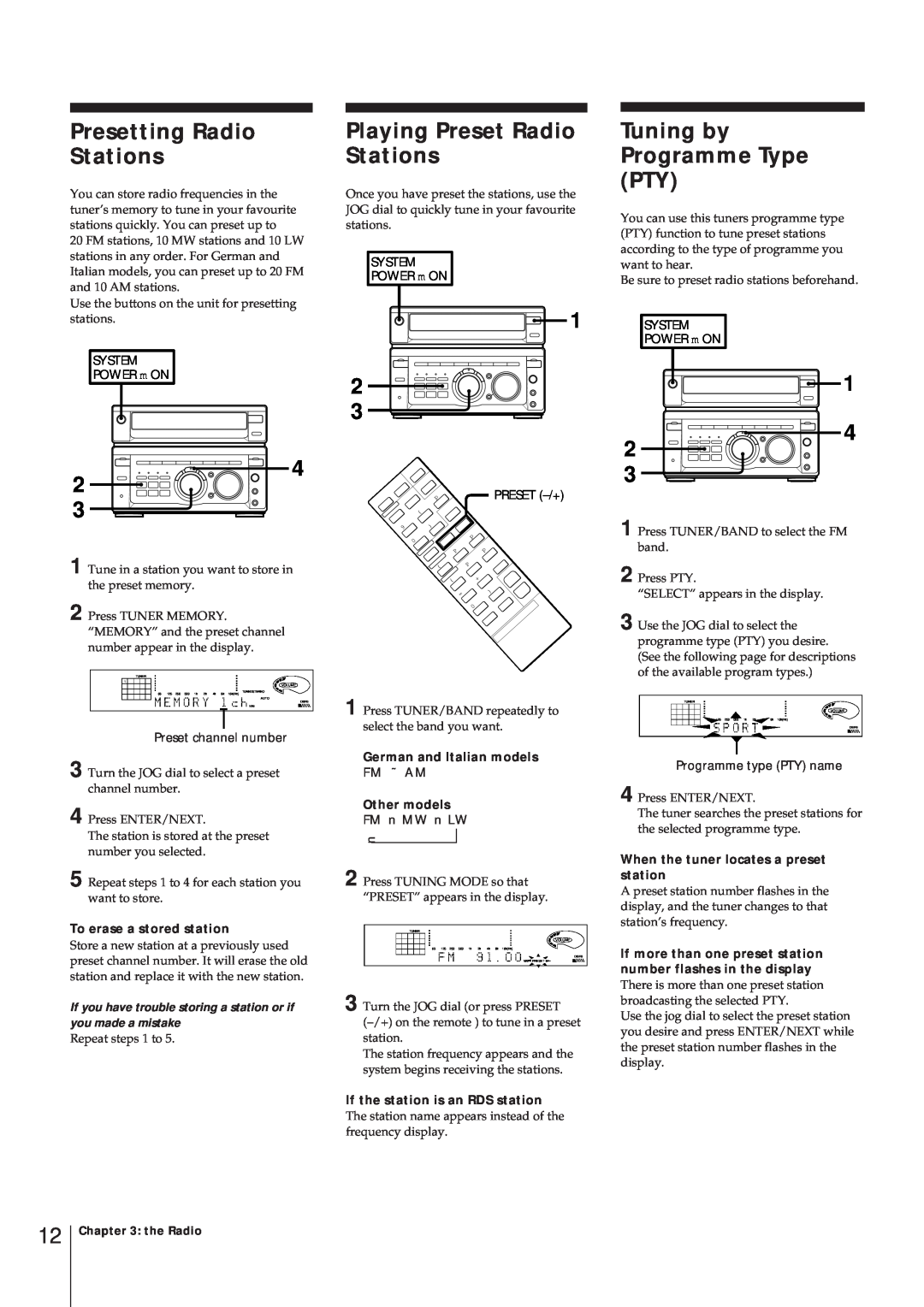 Sony MHC-W55 manual To erase a stored station, German and Italian models, Other models, If the station is an RDS station 