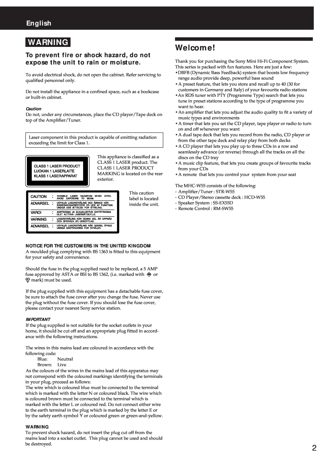 Sony MHC-W55 manual Welcome, English, Notice For The Customers In The United Kingdom 