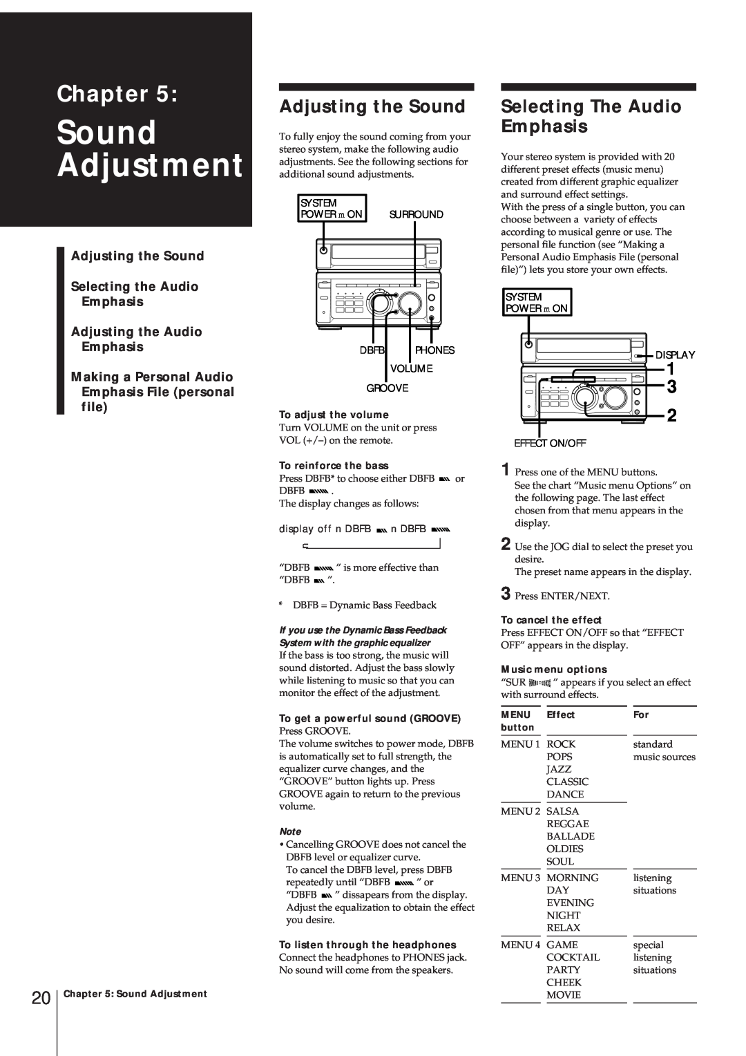 Sony MHC-W55 Sound Adjustment, Chapter, Adjusting the Sound Selecting the Audio Emphasis, Adjusting the Audio Emphasis 