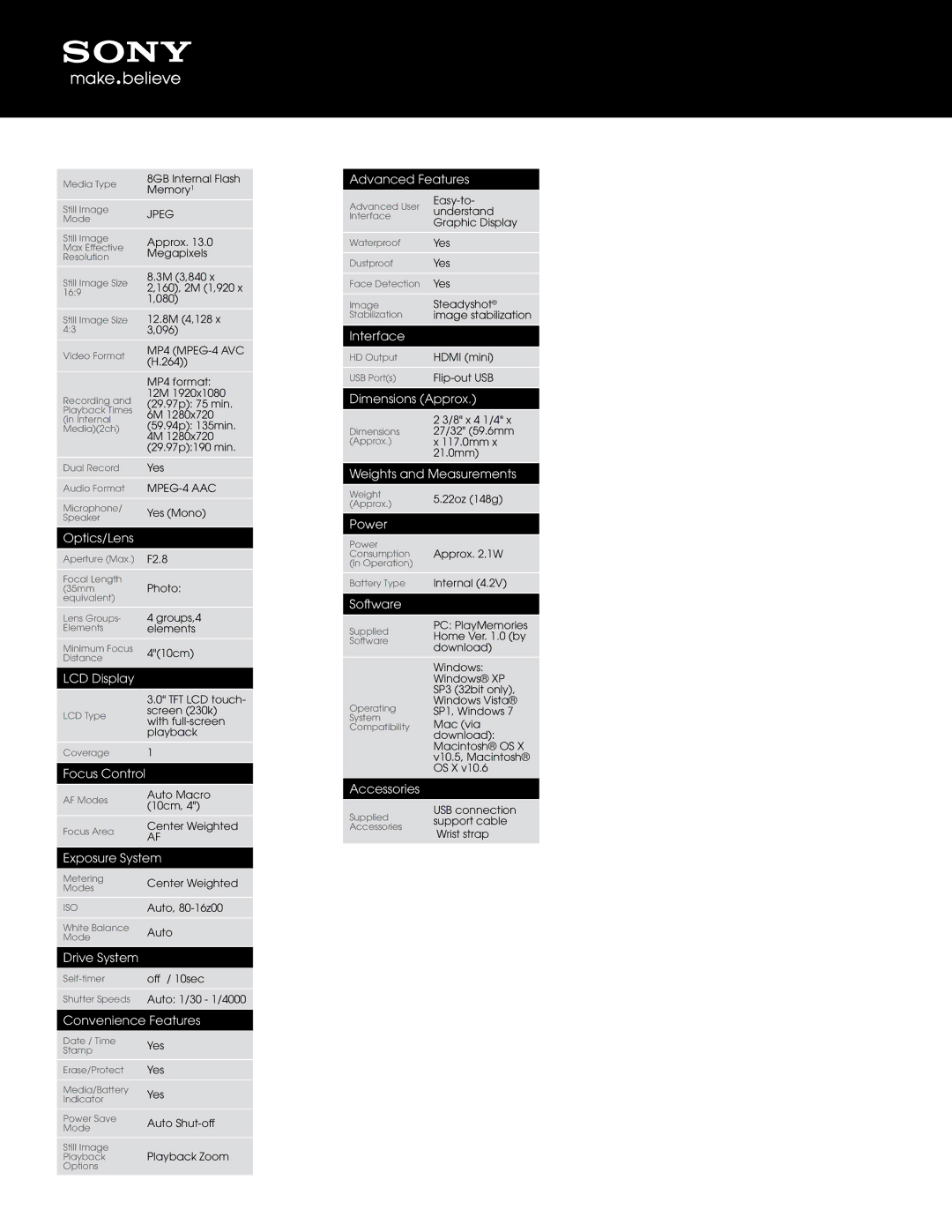 Sony MHS-TS55/S Optics/Lens, LCD Display, Focus Control, Exposure System, Drive System, Convenience Features, Interface 