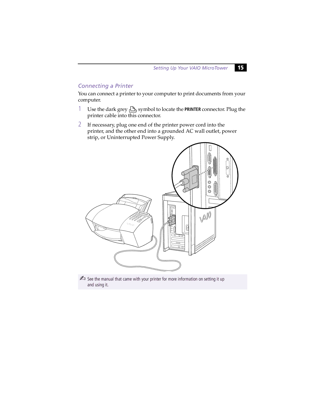 Sony MicroTower manual Connecting a Printer 