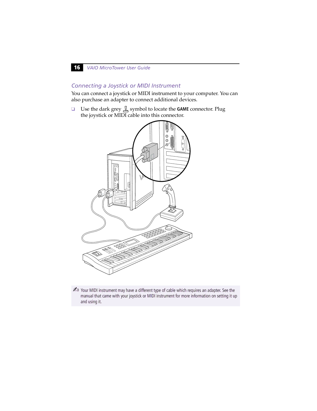 Sony MicroTower manual Connecting a Joystick or Midi Instrument 