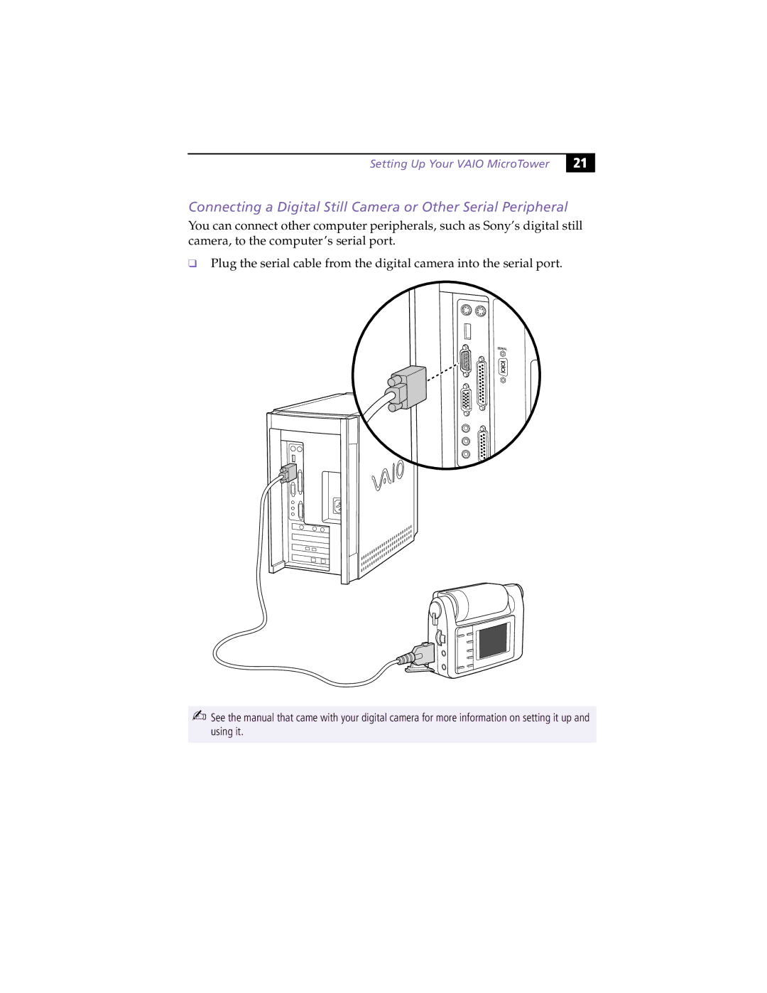 Sony MicroTower manual Connecting a Digital Still Camera or Other Serial Peripheral 