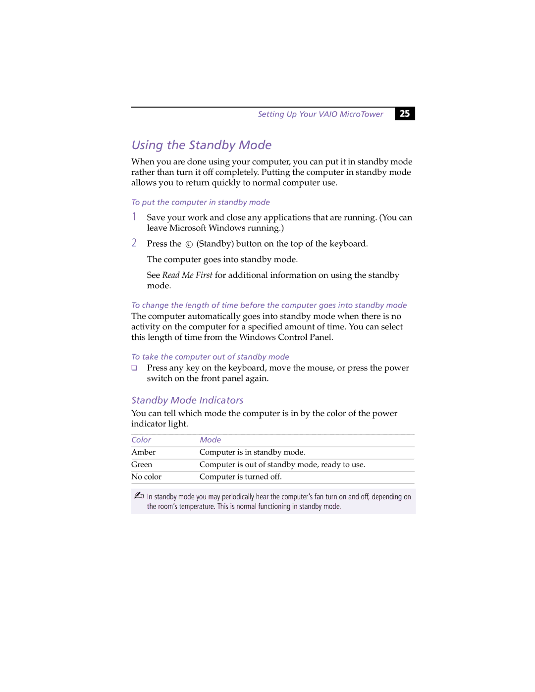 Sony MicroTower manual Using the Standby Mode, Standby Mode Indicators, To put the computer in standby mode, Color Mode 