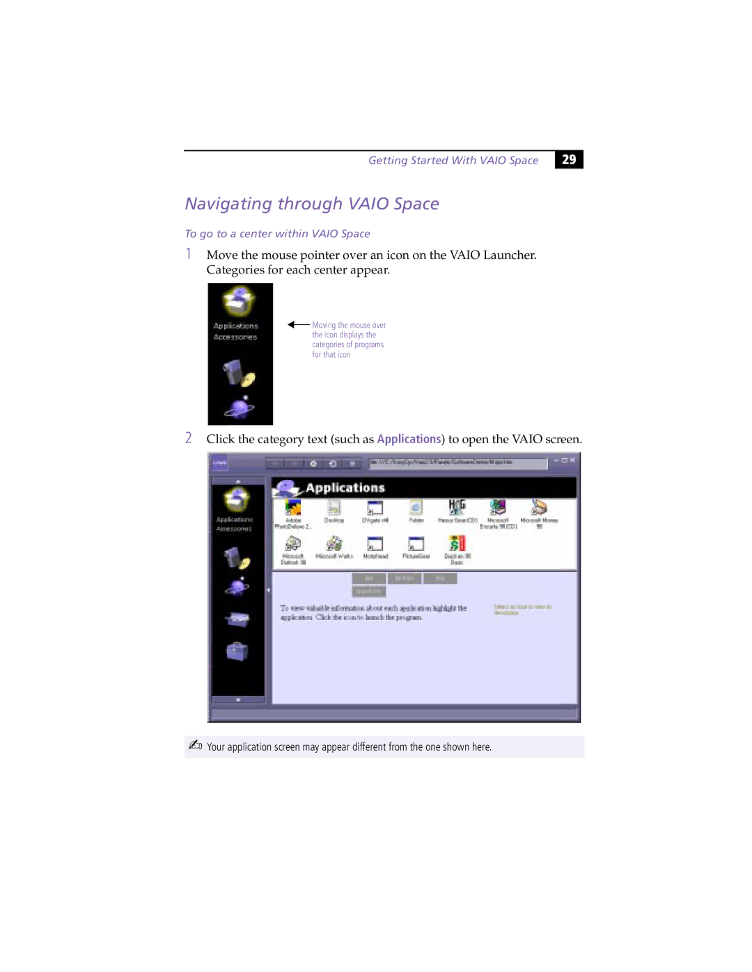 Sony MicroTower manual Navigating through Vaio Space, Getting Started With Vaio Space, To go to a center within Vaio Space 