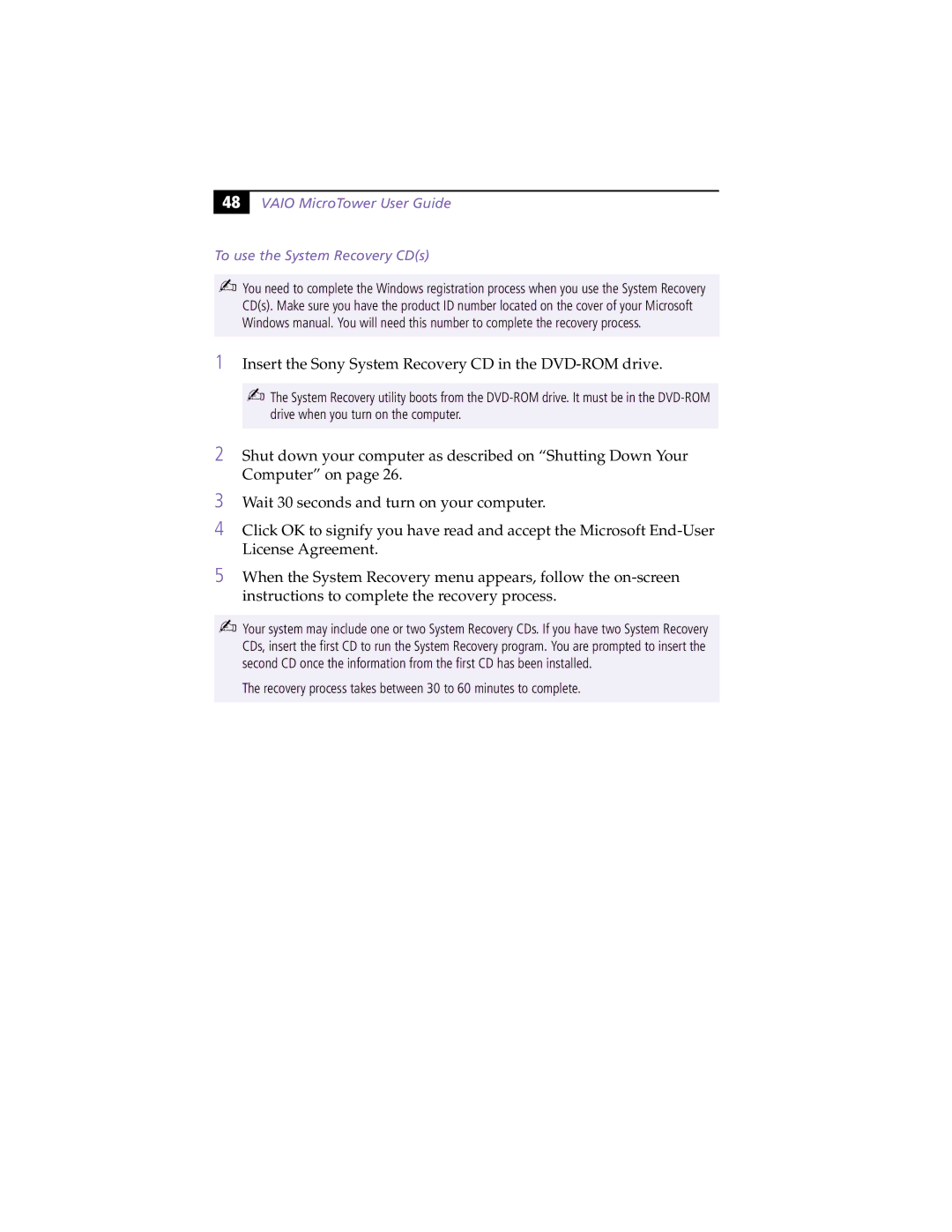 Sony MicroTower manual Insert the Sony System Recovery CD in the DVD-ROM drive 