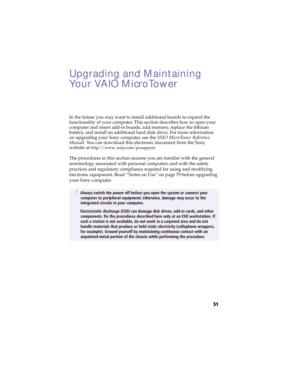 Sony manual Upgrading and Maintaining Your Vaio MicroTower 