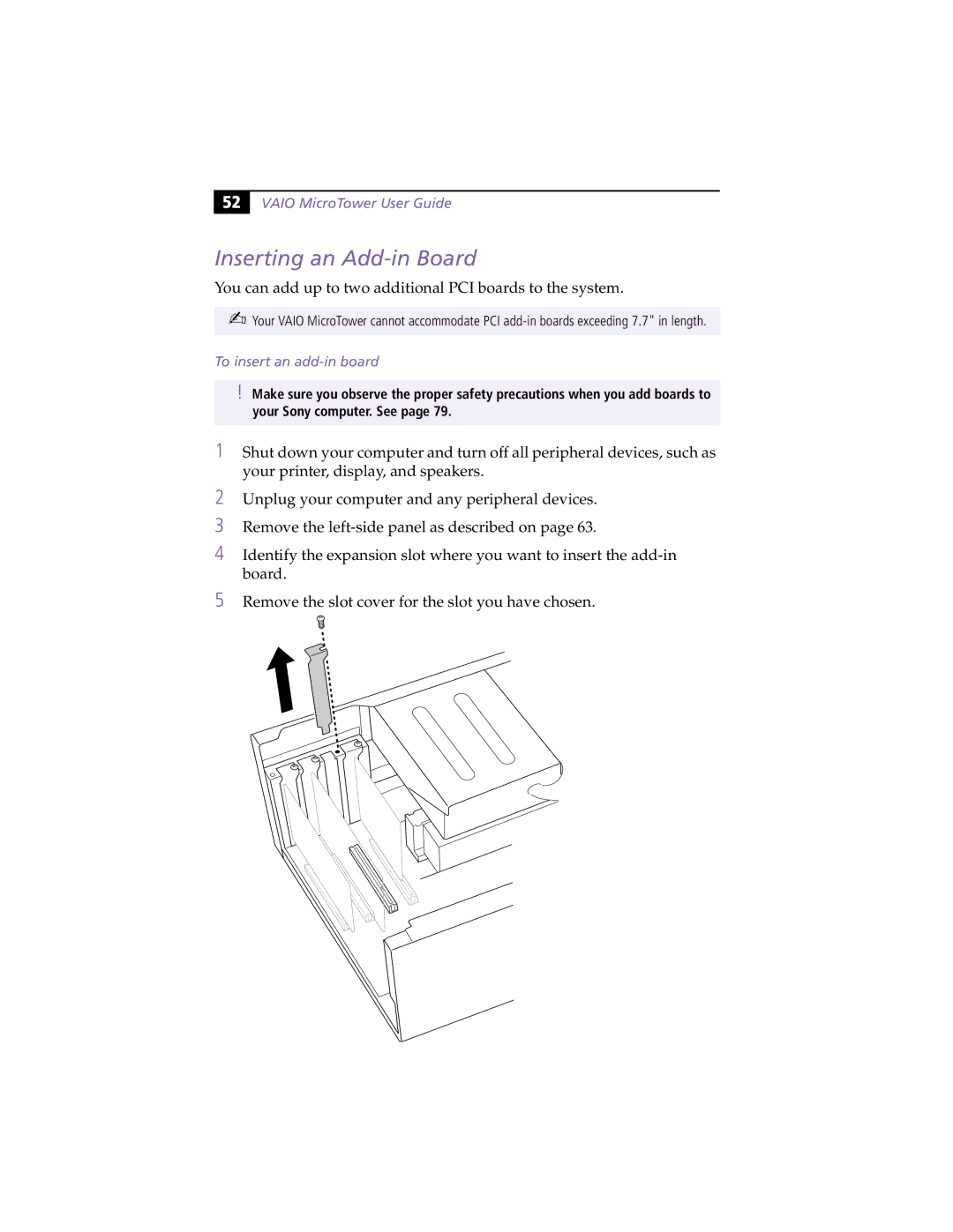 Sony MicroTower manual Inserting an Add-in Board, To insert an add-in board 